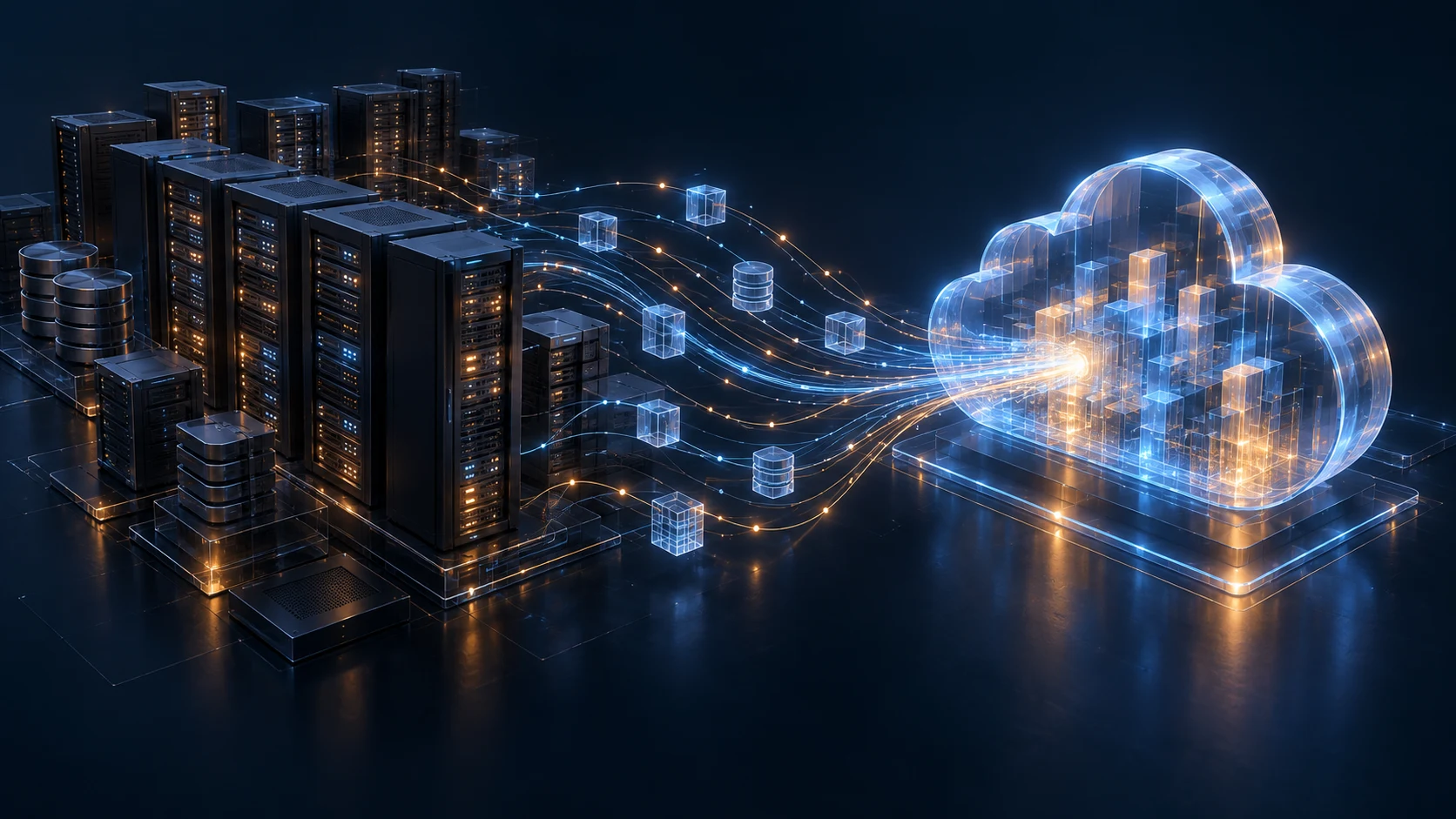 Server racks send streams of data into a luminous cloud analytics platform.