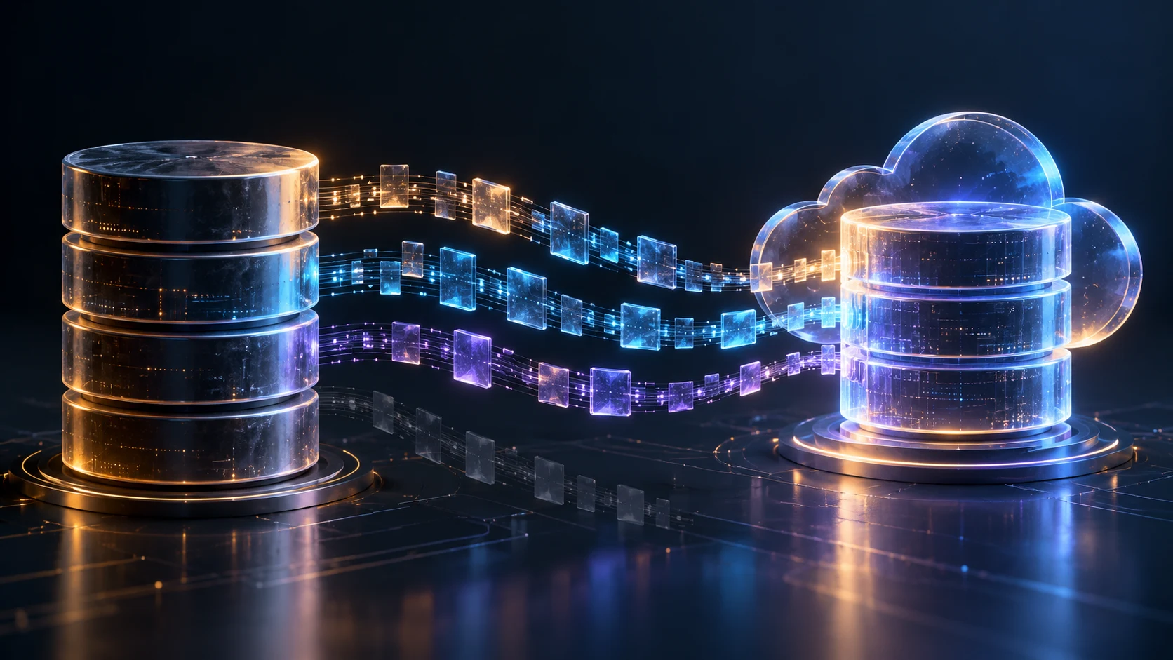 A legacy database sends organized data streams into a cloud database, with one inactive branch.